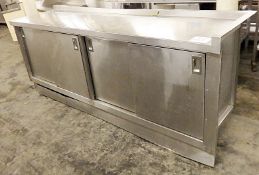 1 x Stainless Steel Commercial Preparation Counter - Features 4-Door Cabinet Storage With Shelving