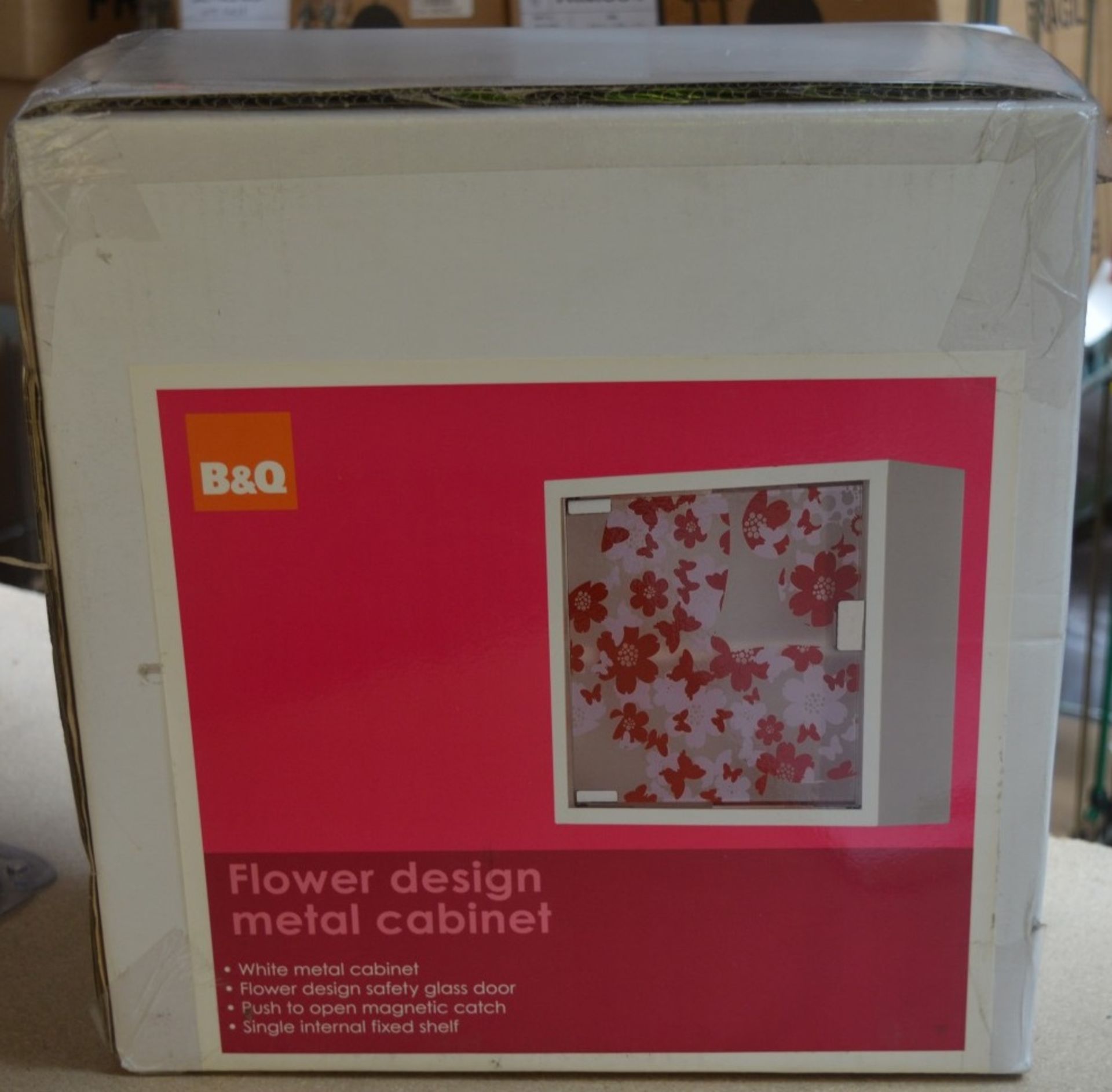 1 x B&Q Flower Design Metal Cabinet - White Metal Cabinet With Flower Design Safety Glass Door - - Image 2 of 4