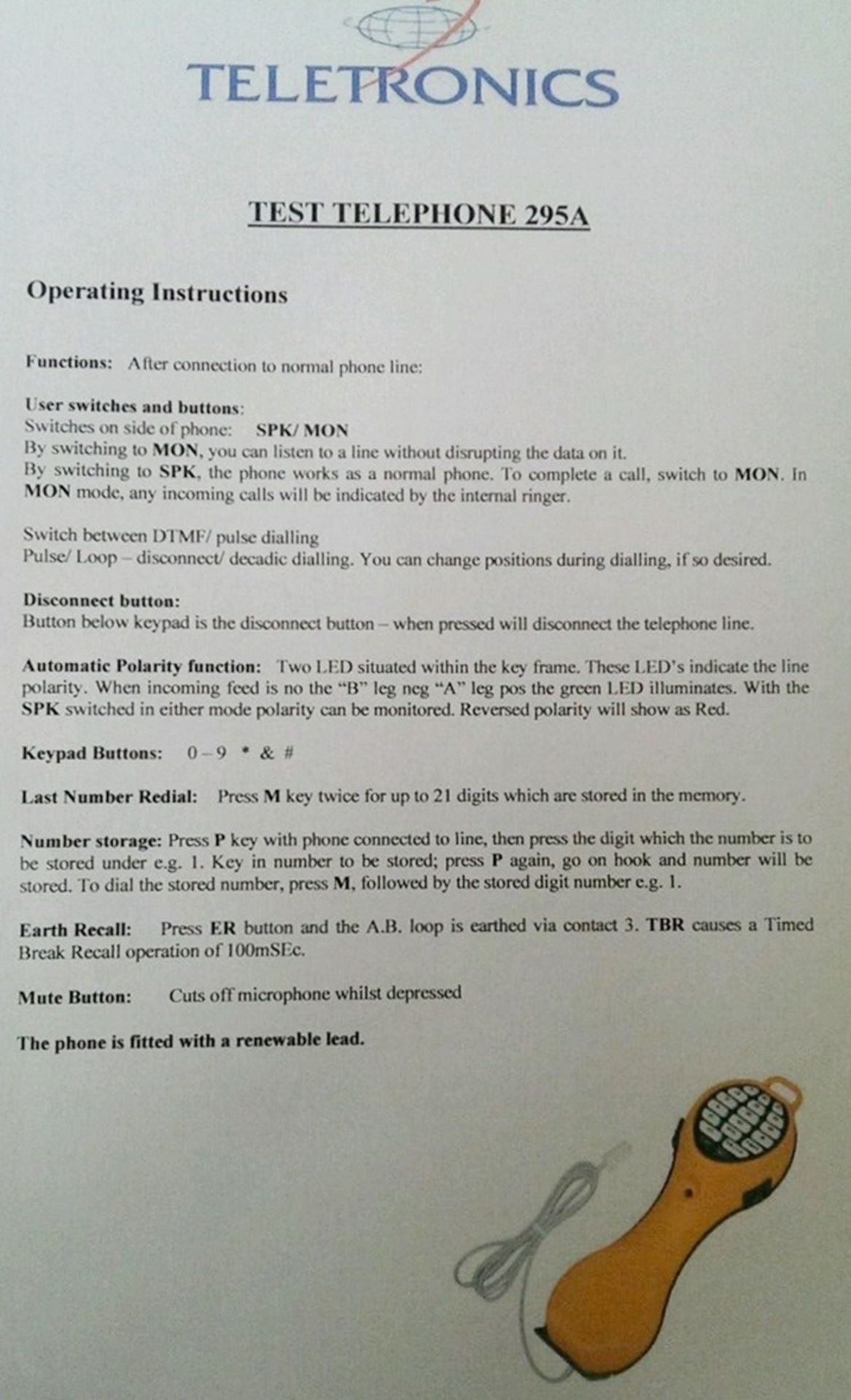 5 x Teletronics 295A Test Telephones - CL300 - Ref PC319 - Location: Altrincham WA14 - Image 5 of 5