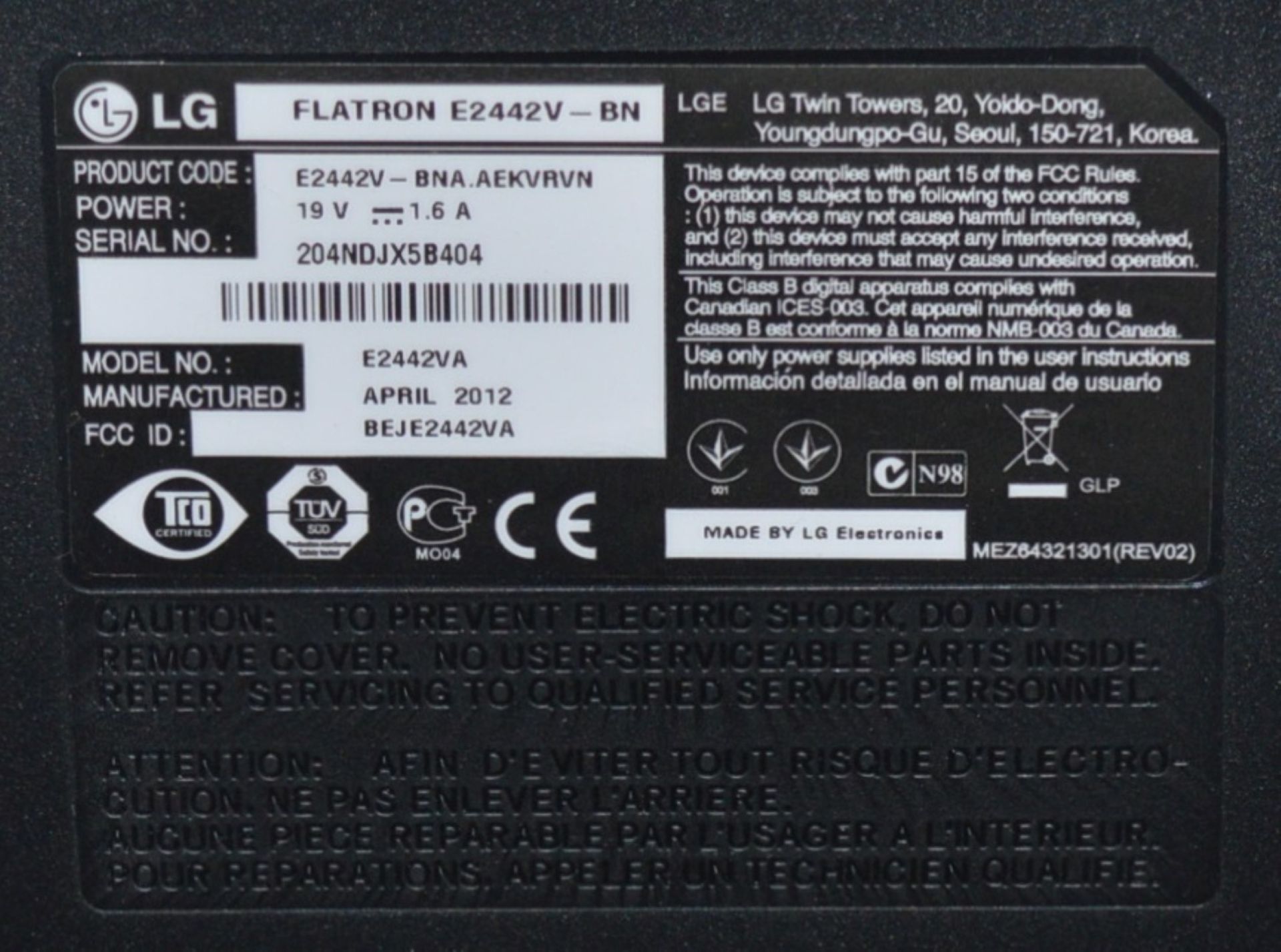 1 x LG 24" Full HD LED Monitor - Model LE2442V-BN - Resolution 1920 x 1080 - Inputs DVI, VGA, HDMI - - Image 3 of 5