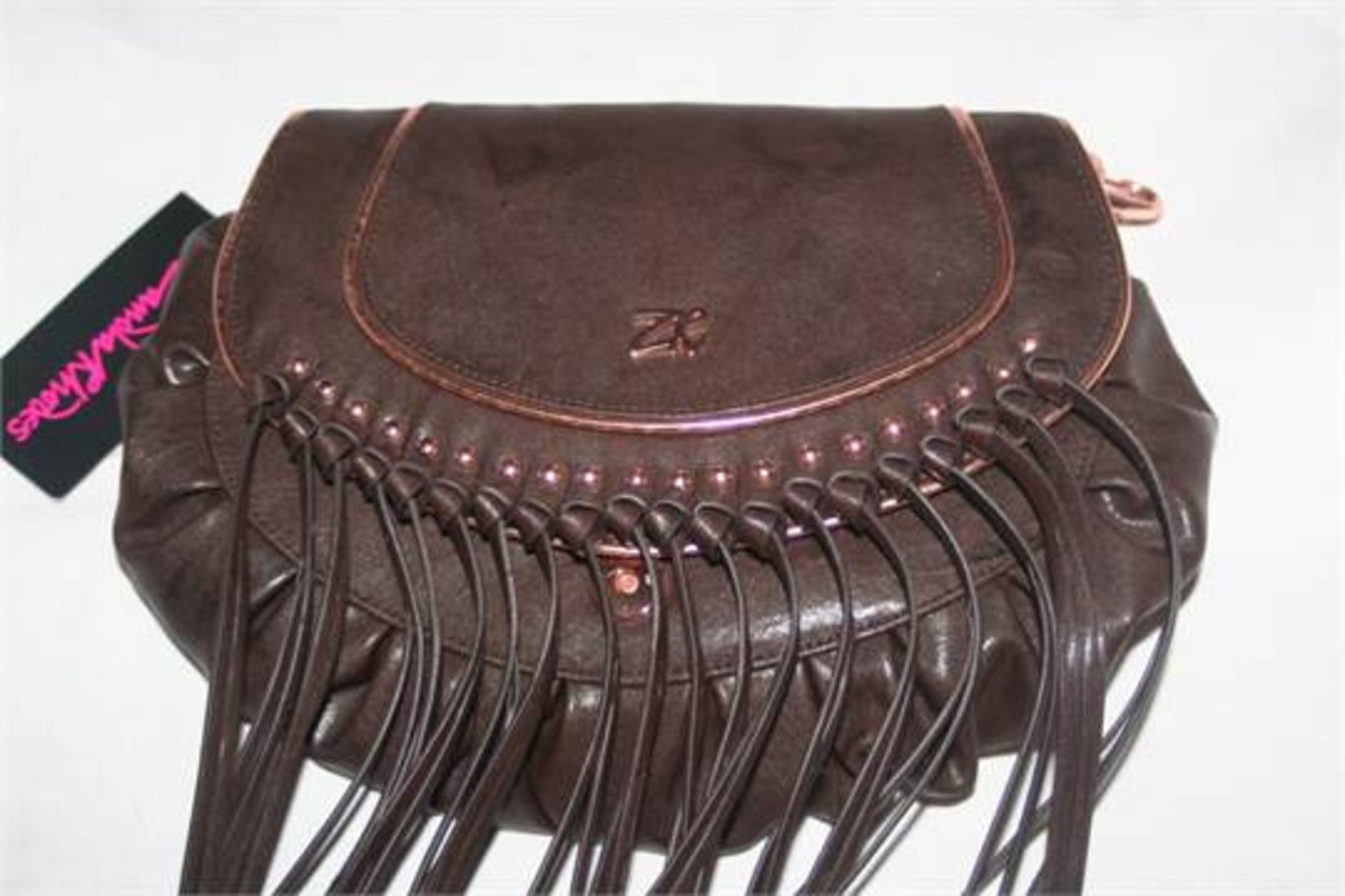 1 x Zandra Rhodes Jada Brown Tassel Fringe Satchel Handbag - Brand New Stock - PU Leather - - Image 3 of 4