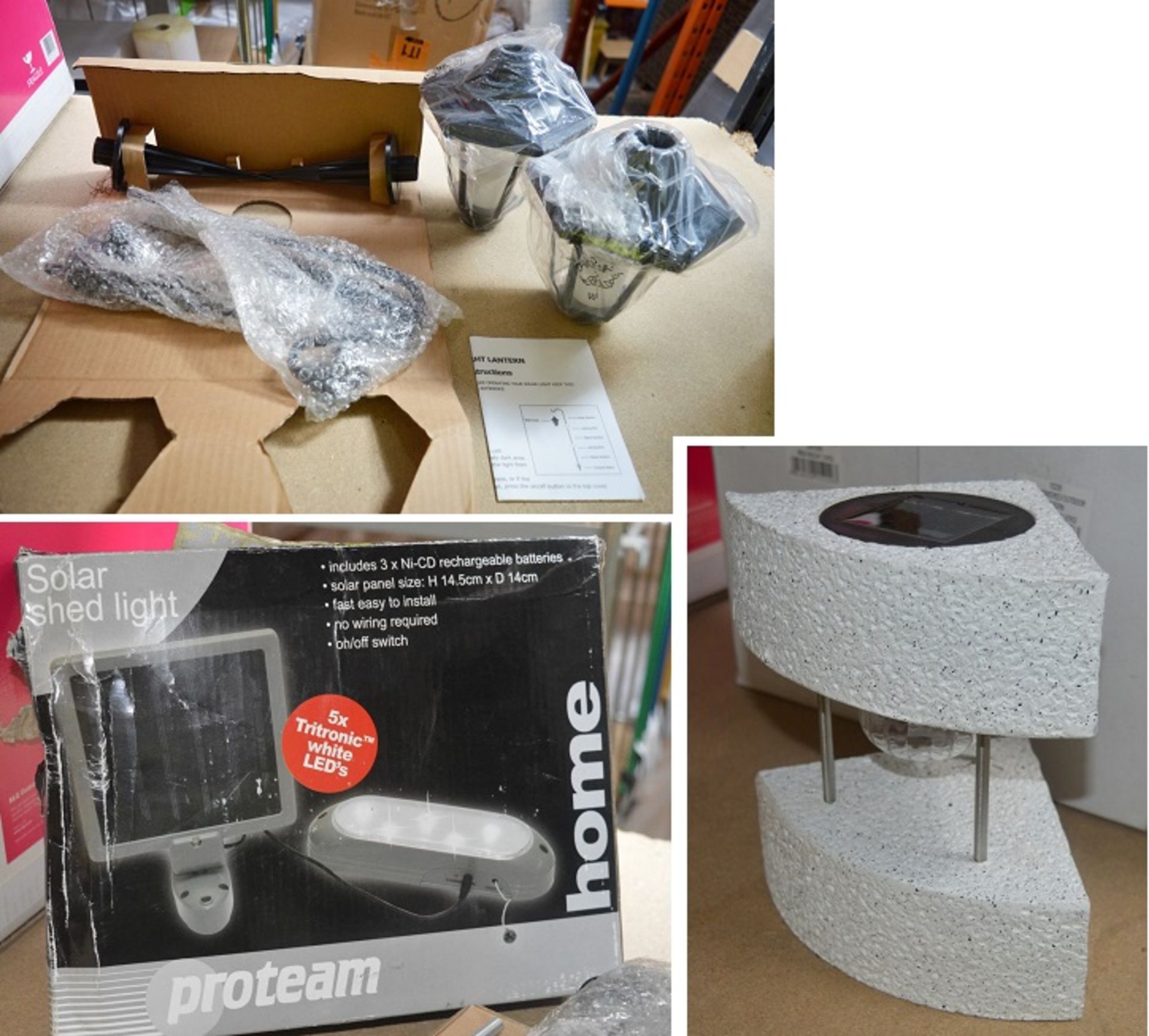 Assorted Collection of Solar Pawered Garden Lights - Includes Proteam Shed Light, Pair of Hanging