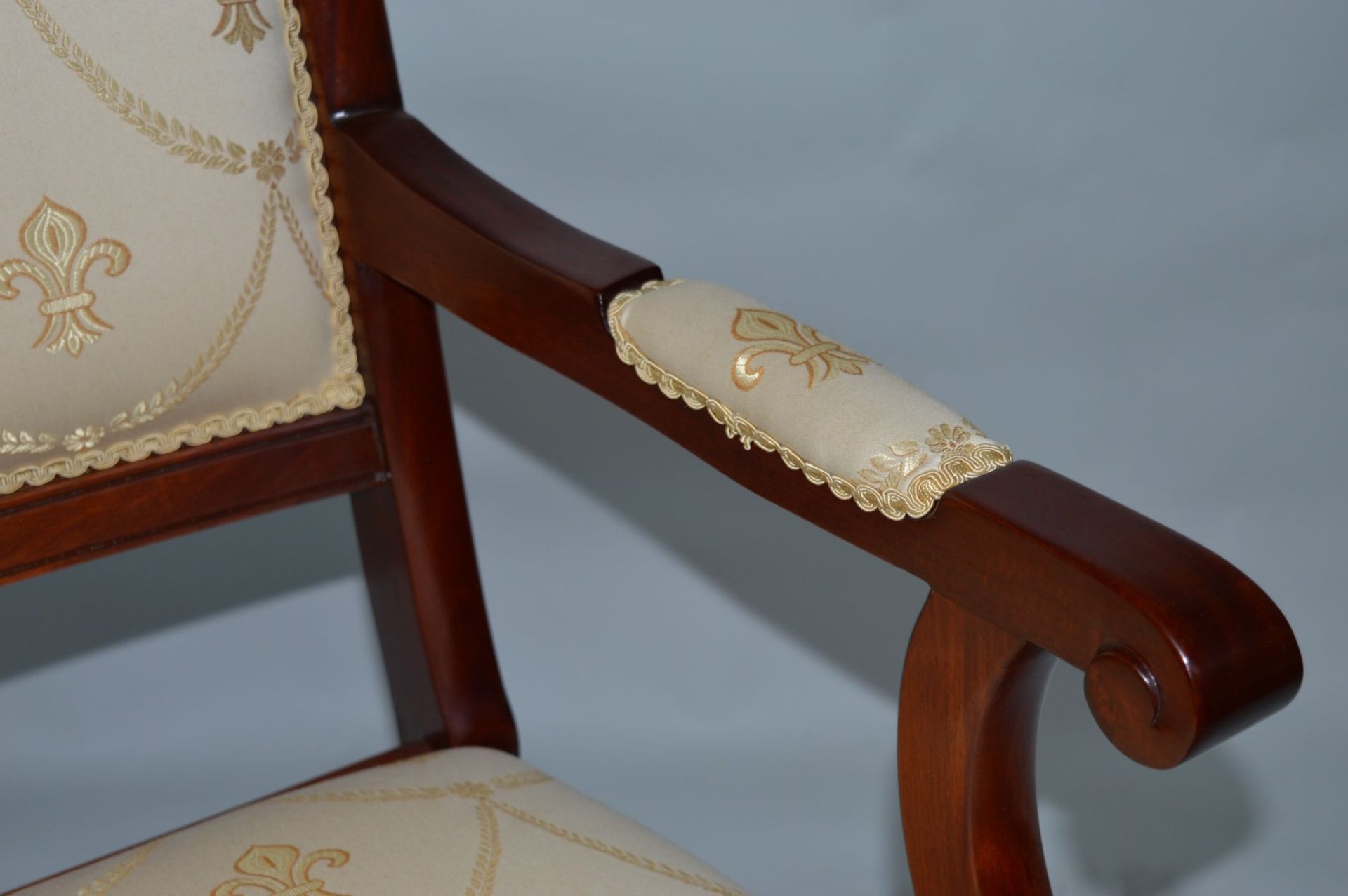 1 x Charles Barr Regal Dining Carver Chair Mahogany decorated with inlaid burr olive ash veneered.( - Image 11 of 12