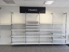 2 x Complete Sections of Modern Chrome Wall Mounted Uprights and white shelving spread over 5