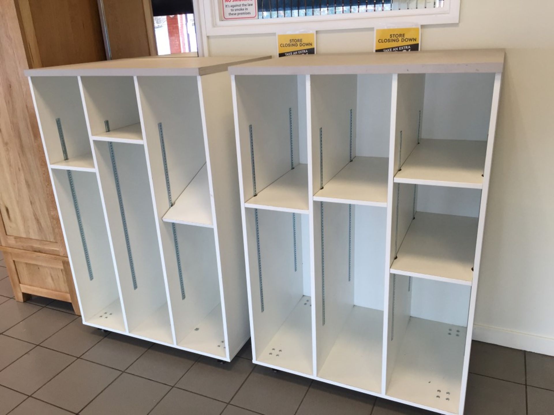 2 x Substantial Mobile Floor Display Cabinets with adjustable height shelving - Wheels under have