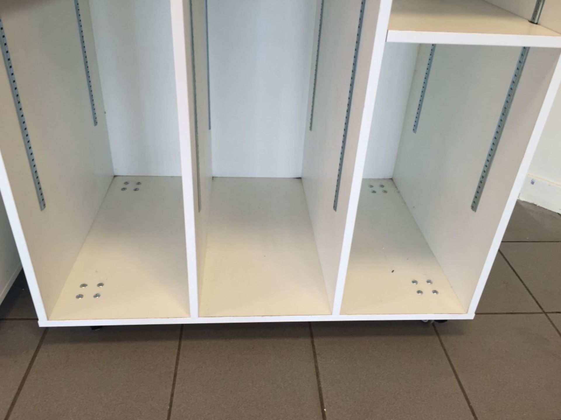 2 x Substantial Mobile Floor Display Cabinets with adjustable height shelving - Wheels under have - Image 5 of 14
