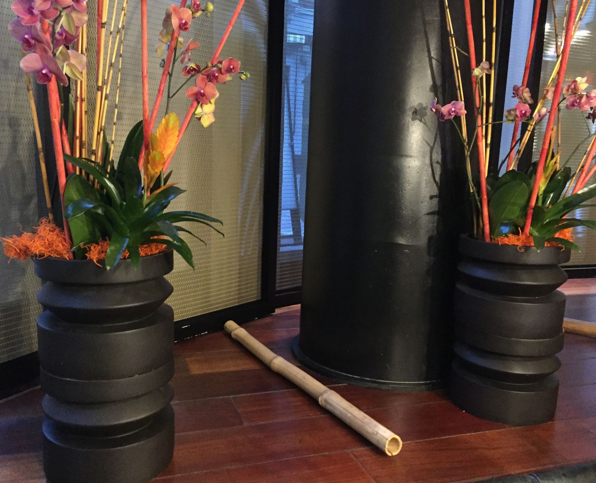 2 x Planters with colourful displays plus assorted bamboo lengths 50 x 30cm bases with approx