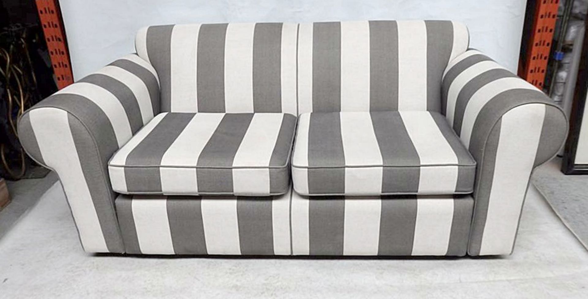 1 x Sumptuous Bespoke Cream & Grey Striped Sofa - Expertly Built And Upholstered By British