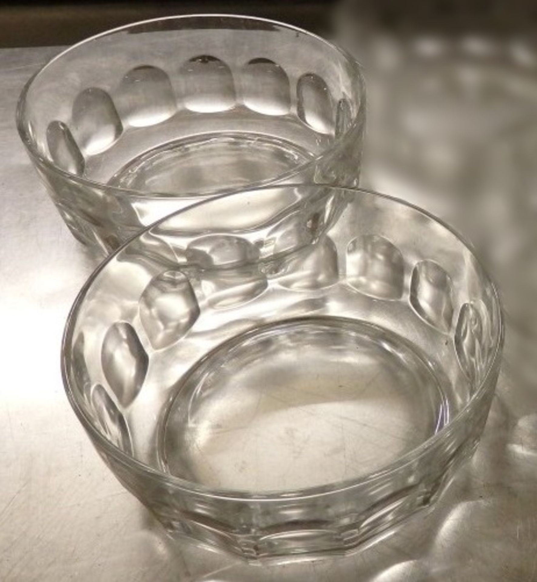 2 x Arcoroc France Clear Glass Thumbprint Salad Serving Bowls - Presented In Good Clean