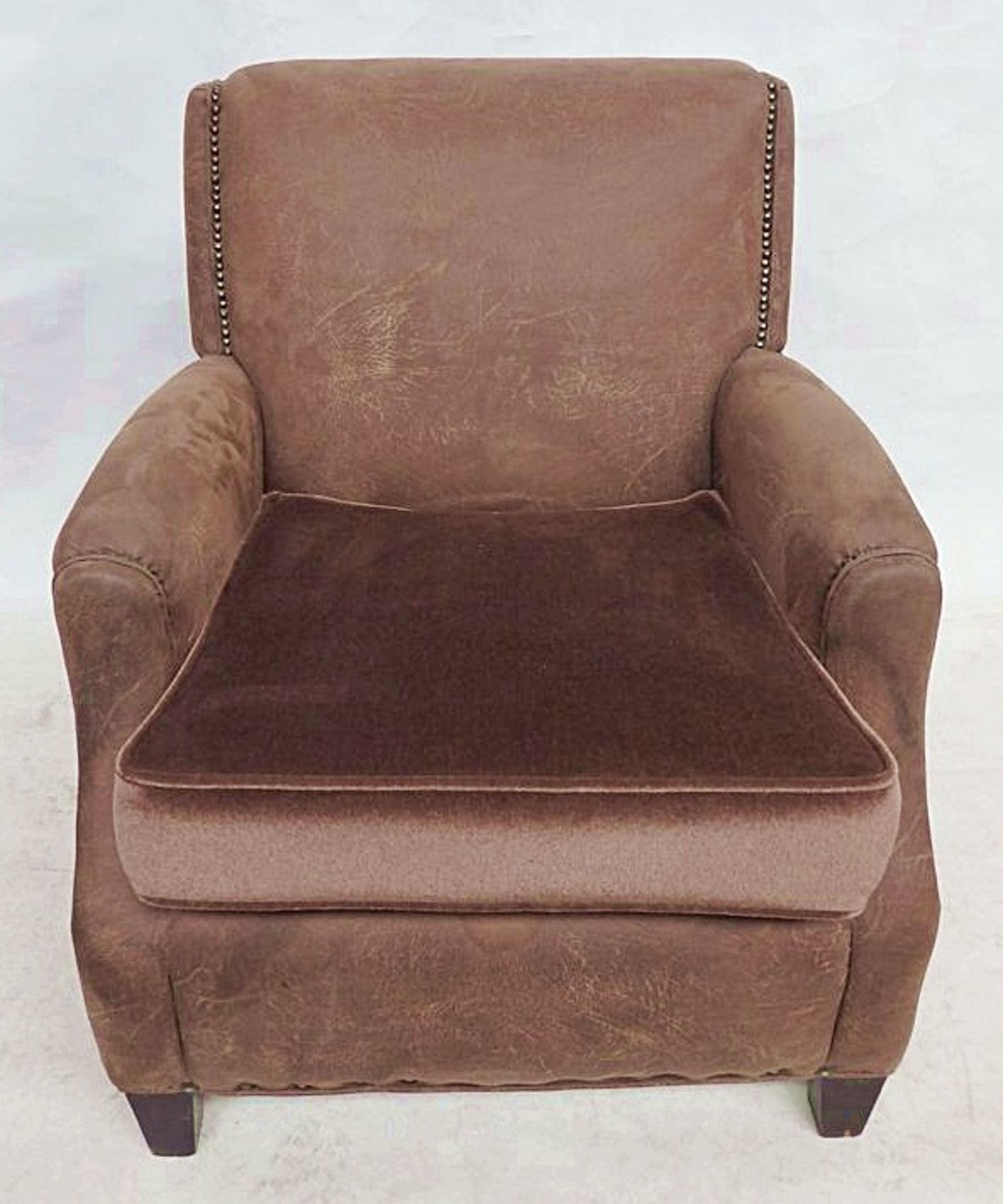 1 x Bespoke Brown Leather & Chenille Armchair - Expertly Built And Upholstered By British
