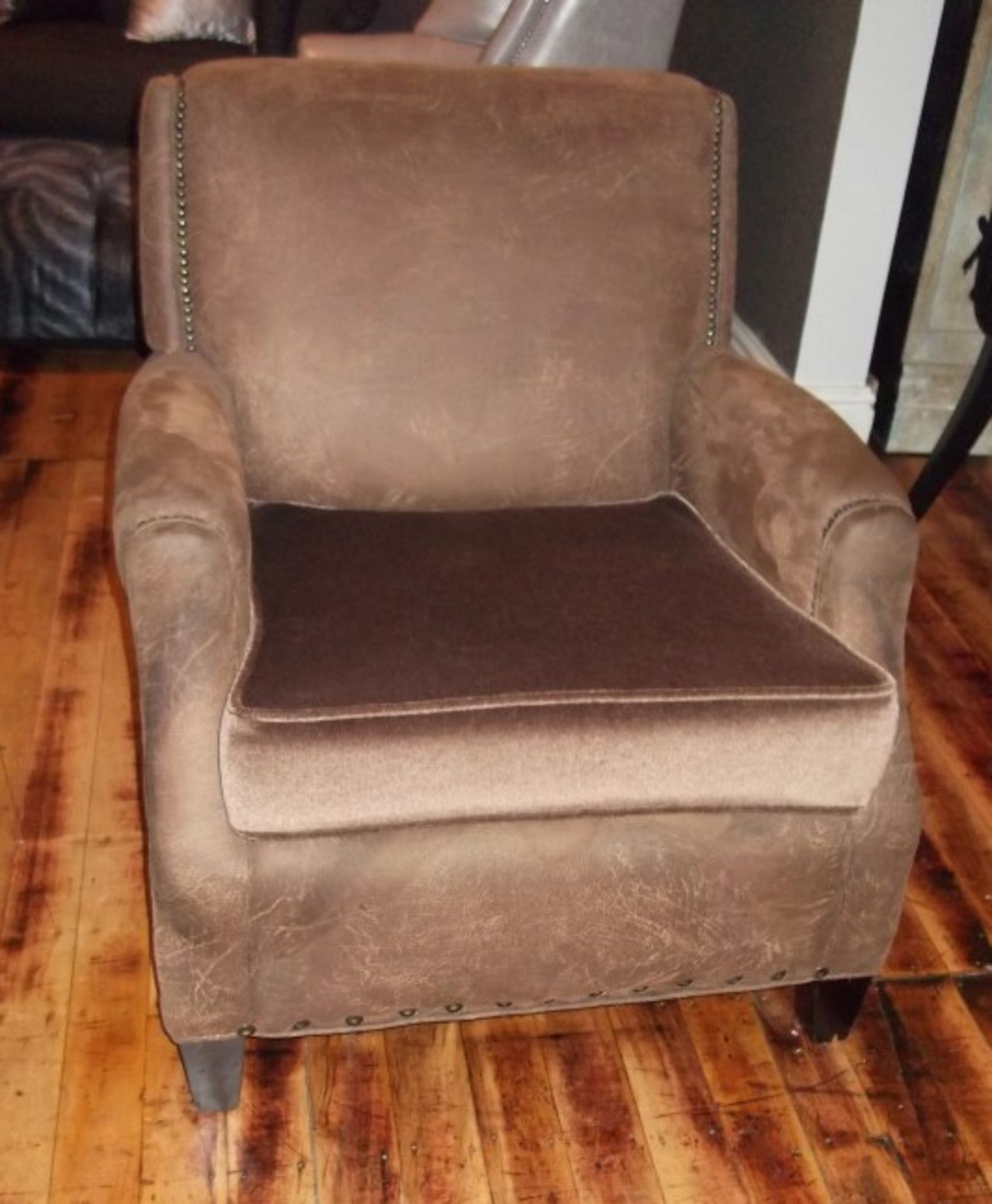 1 x Bespoke Brown Leather & Chenille Armchair - Expertly Built And Upholstered By British - Image 2 of 9