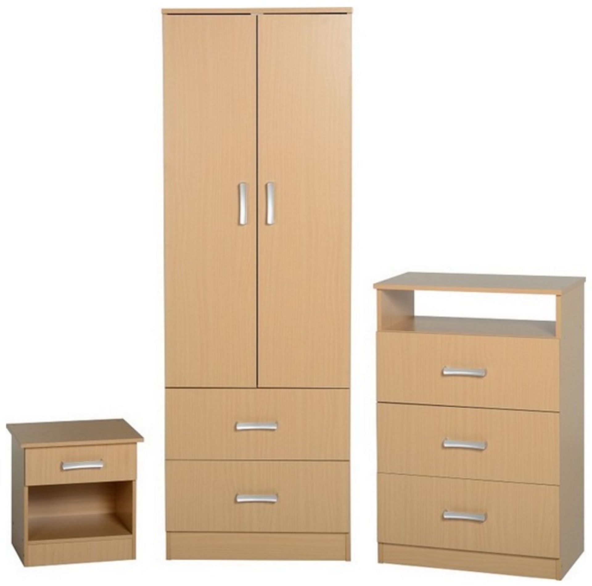 1 x Polar 3-Piece Beech Bedroom Furniture Set -  Includes Wardrobe, Chest & Cabinet - Brand New &