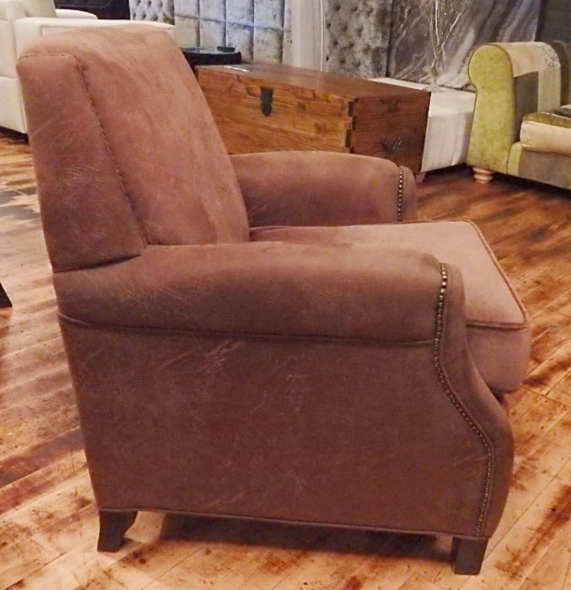 1 x Bespoke Brown Leather & Chenille Armchair - Expertly Built And Upholstered By British - Image 4 of 9