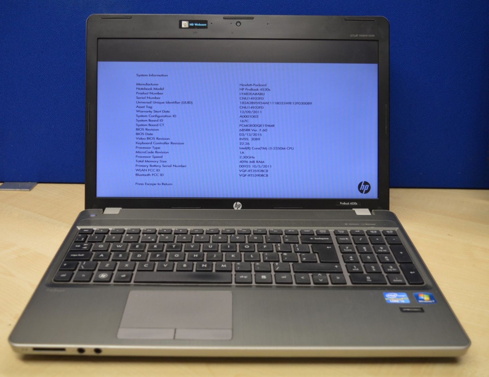 1 x HP Probook 4530s Laptop Computer - 15.6 Inch Screen Size - Features Intel Core i3-2350M Dual