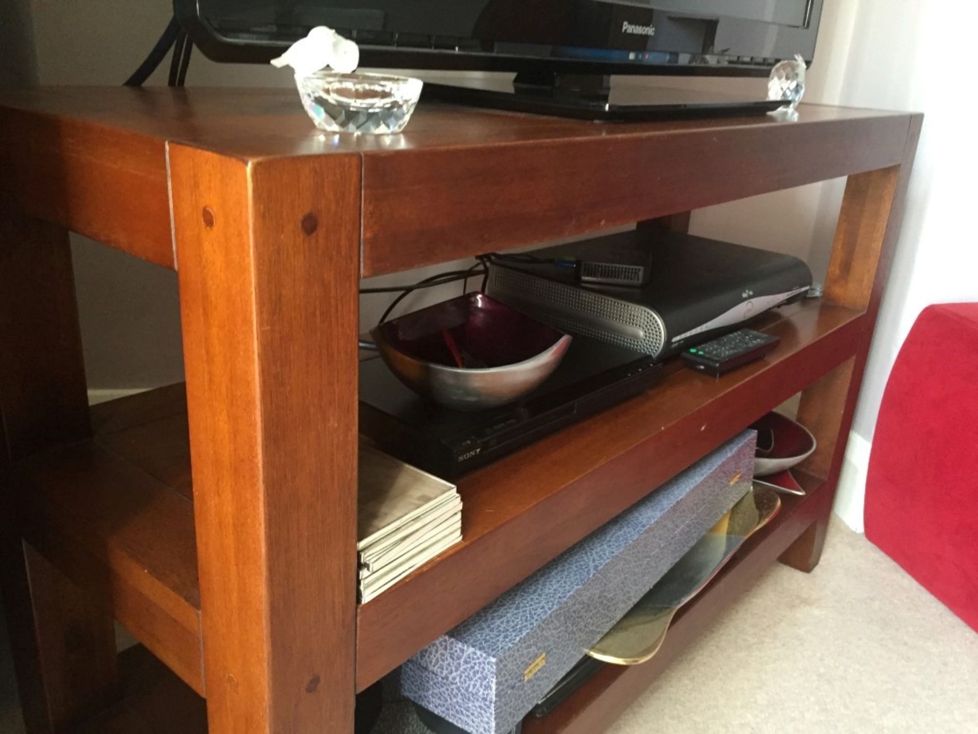 1 x Wooden TV Table With Shelves - Walnut Finish - Preowned In Good Condition - Dimensions: W114 x - Image 3 of 4