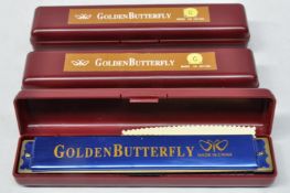 3 x Golden Butterfly Tremelo Harmonicas - With Cases - In Both Key of A and C - CL020 - Unused Stock