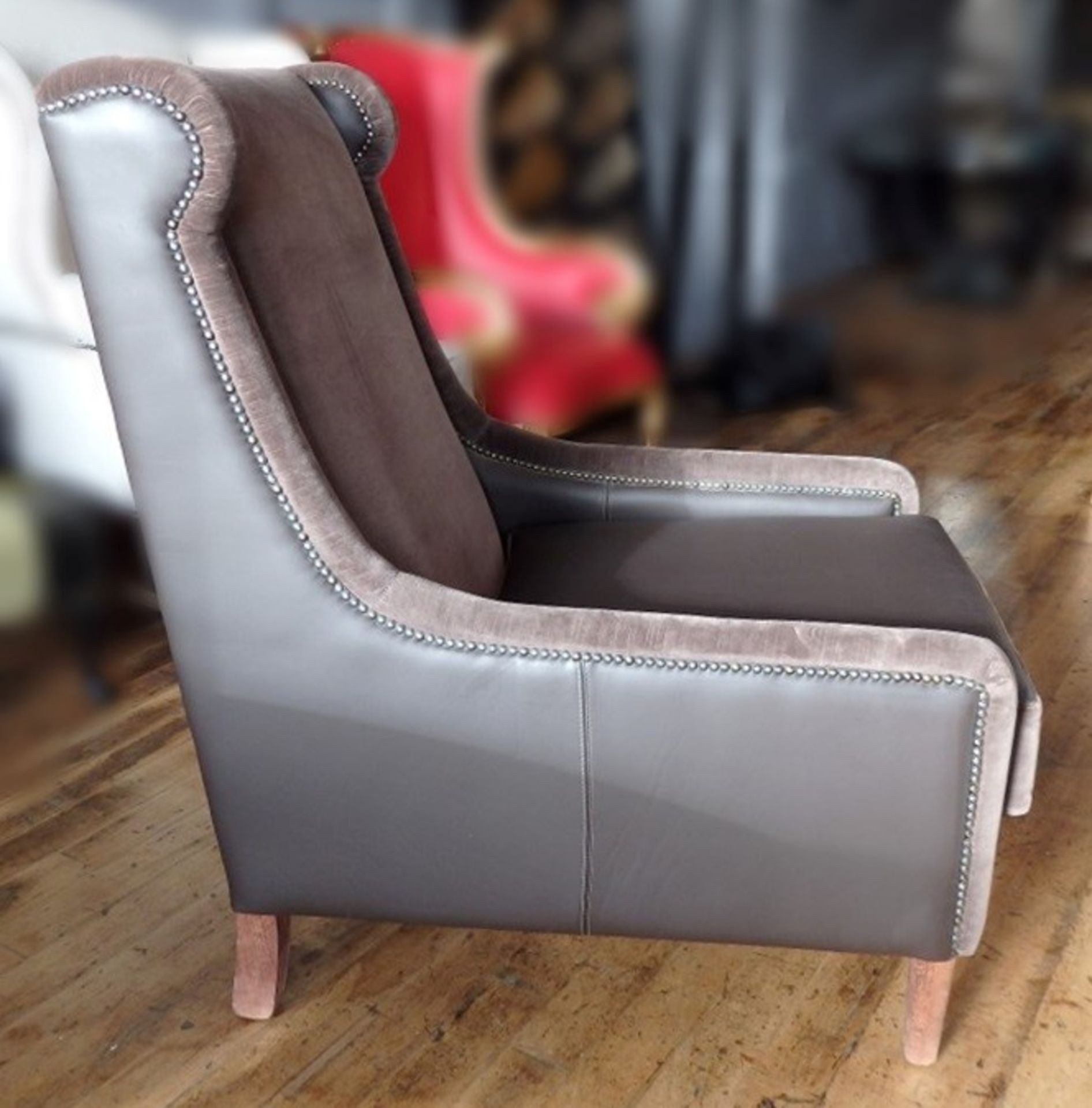 1 x Bespoke Brown High Back Leather & Chenille Armchair - Expertly Built And Upholstered By - Image 3 of 3