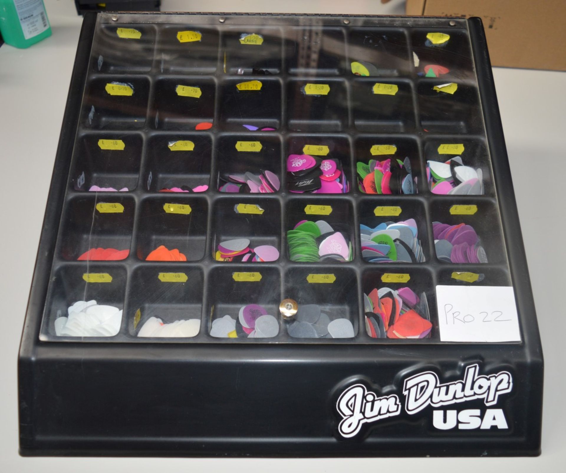 1 x Jim Dunlop USA Guitar Pick Retail Display Case - Features 30 Bins Full of Various Guitar Picks -