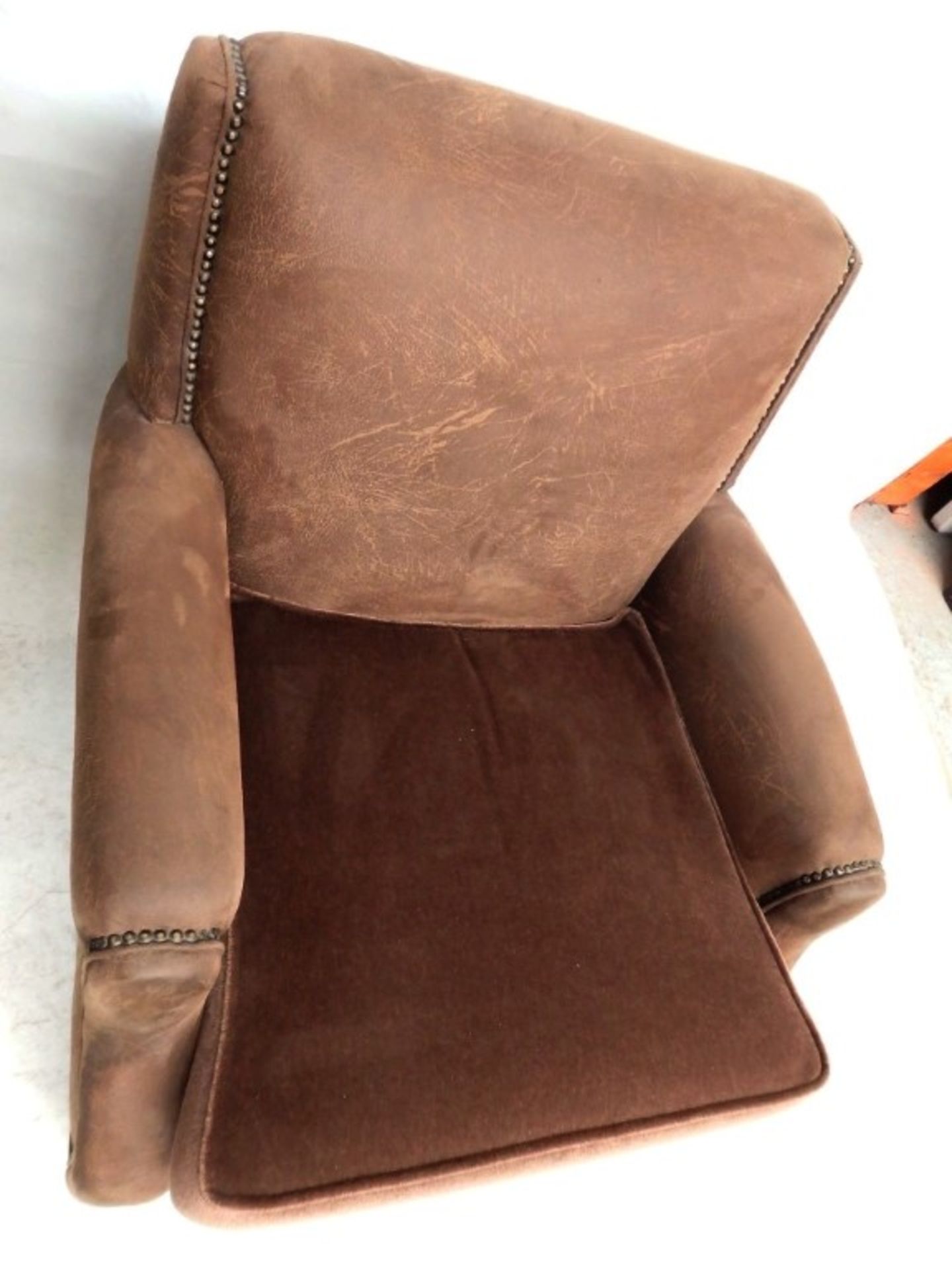 1 x Bespoke Brown Leather & Chenille Armchair - Expertly Built And Upholstered By British - Image 3 of 5