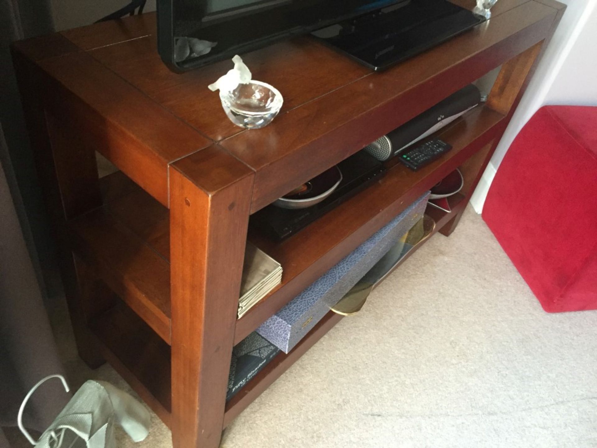 1 x Wooden TV Table With Shelves - Walnut Finish - Preowned In Good Condition - Dimensions: W114 x - Image 2 of 4