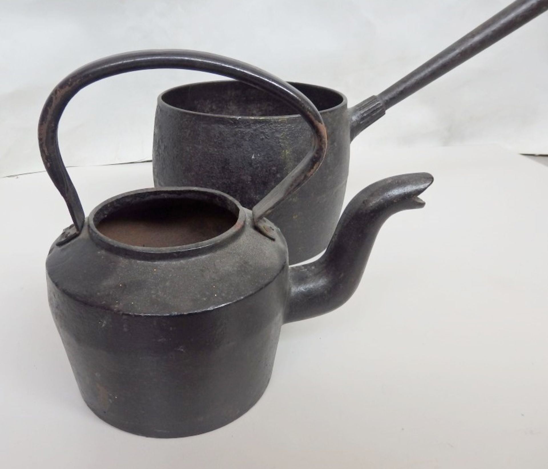 2 x Items Or Antique Kitchenware - Includes Kettle & Long-armed Pan - Both Very Heavy, Sturdy