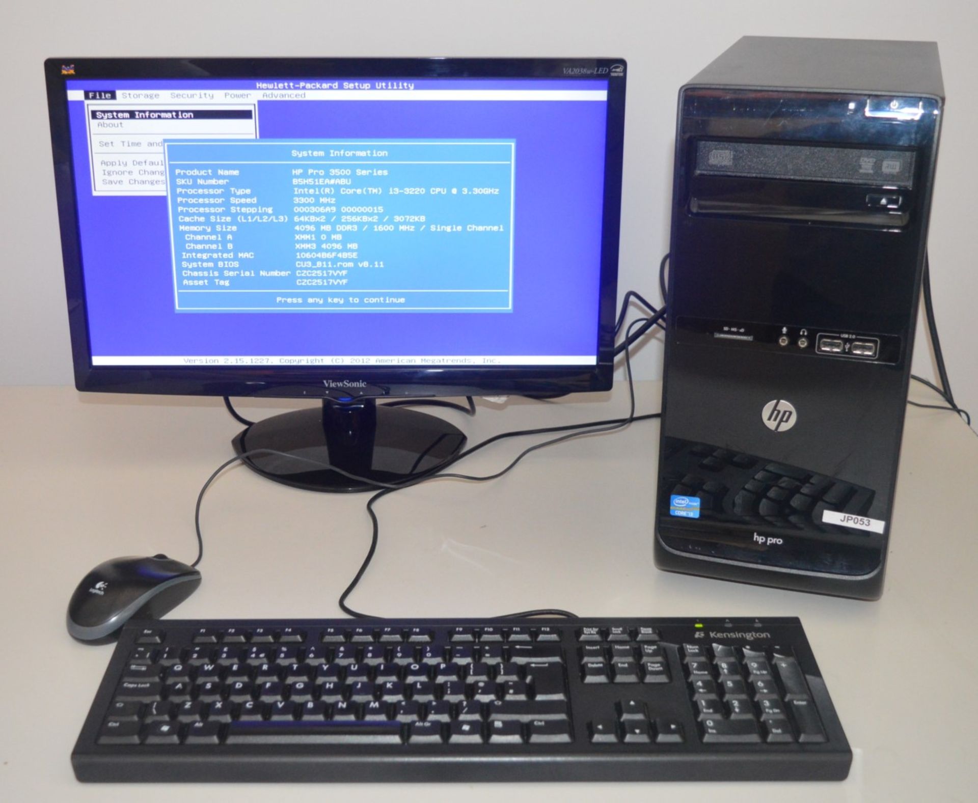 1 x HP Pro 3500 Series Desktop Computer With Viewsonic 20 Inch LED Monitor - Features Intel Core