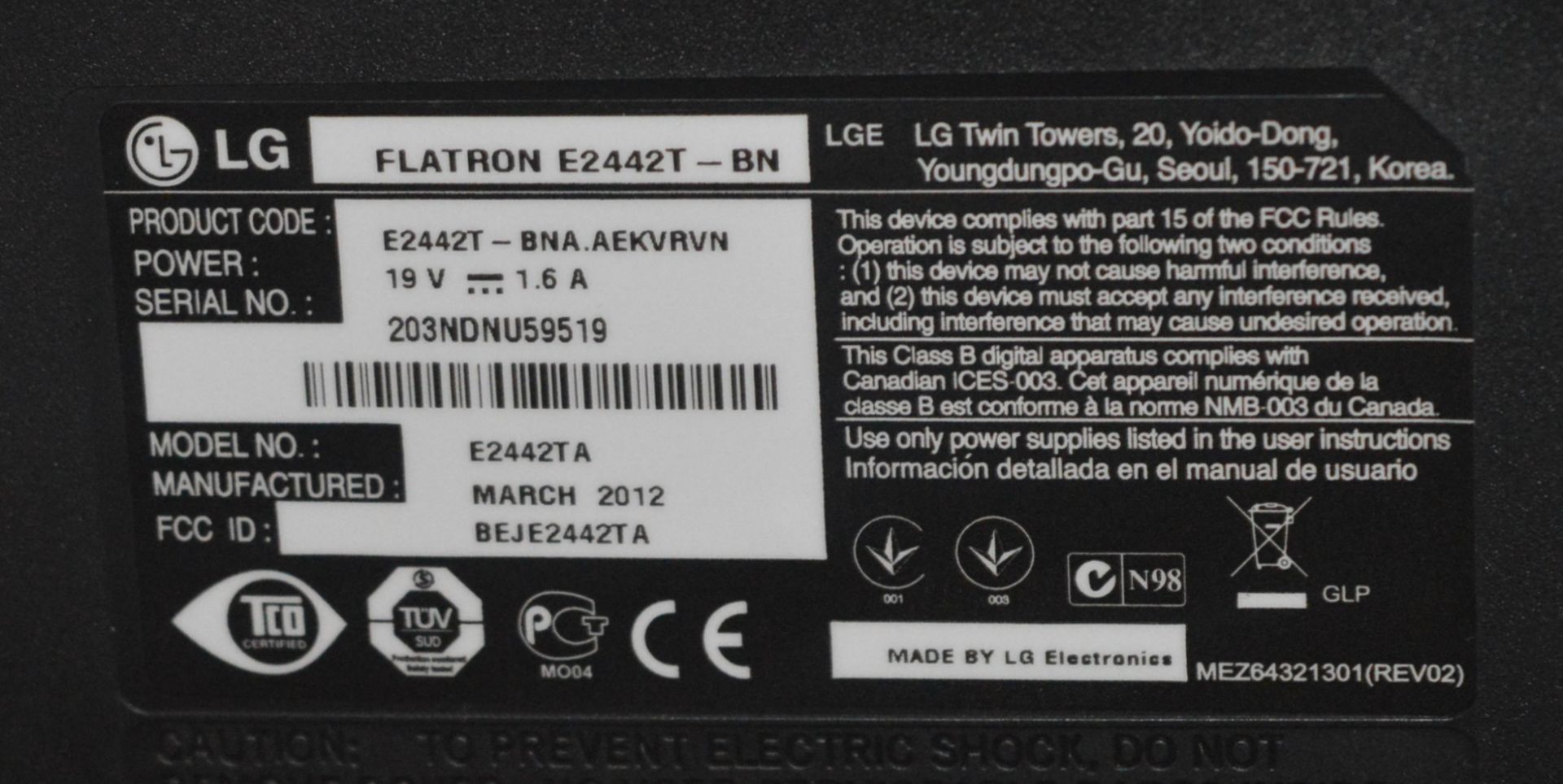 1 x LG Flatron E2442 Flat Screen LED 24 Inch Monitor - 1920x1080 Resolution - Full HD Ready - - Image 5 of 5