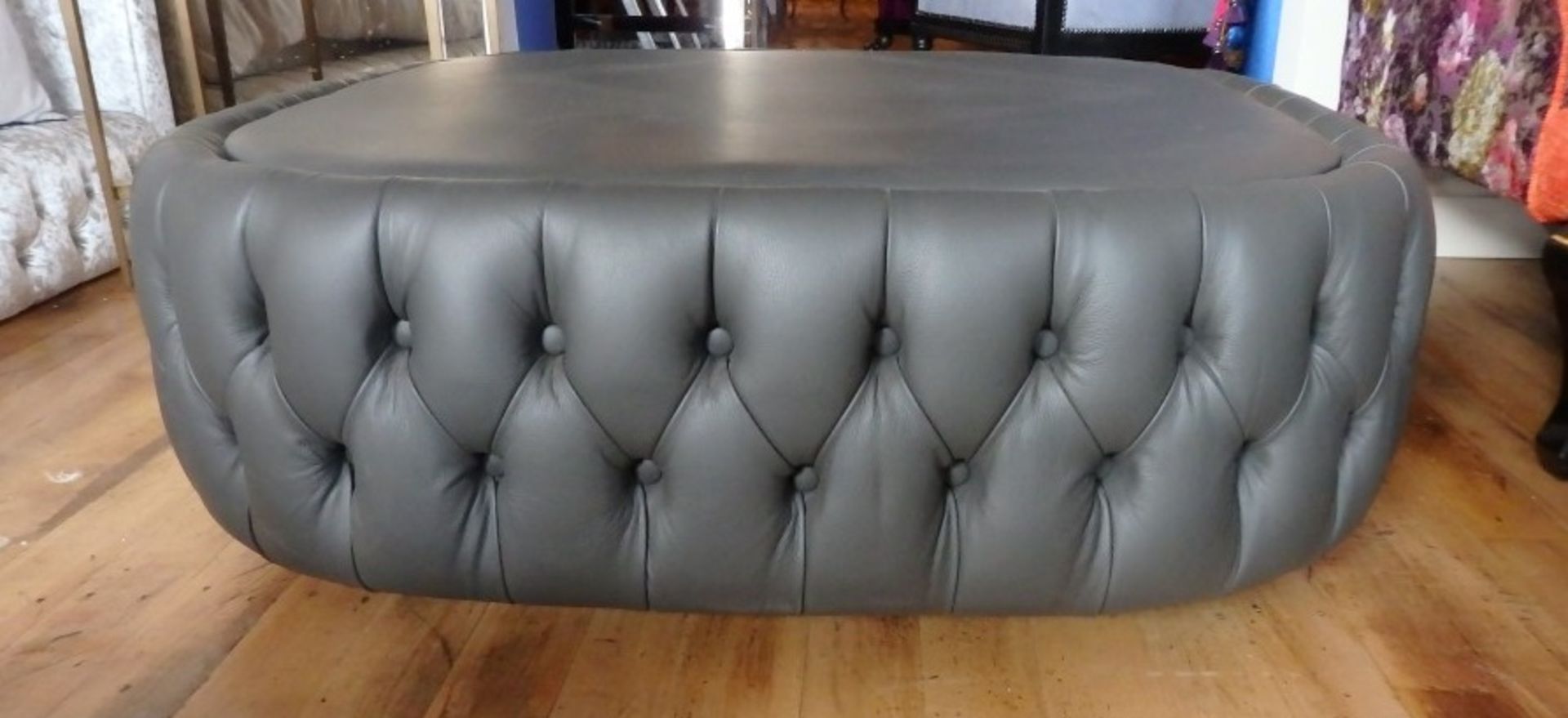 1 x Large Bespoke Handcrafted Buttoned Leather Pouffe In Grey - Expertly Built And Upholstered by - Image 3 of 5