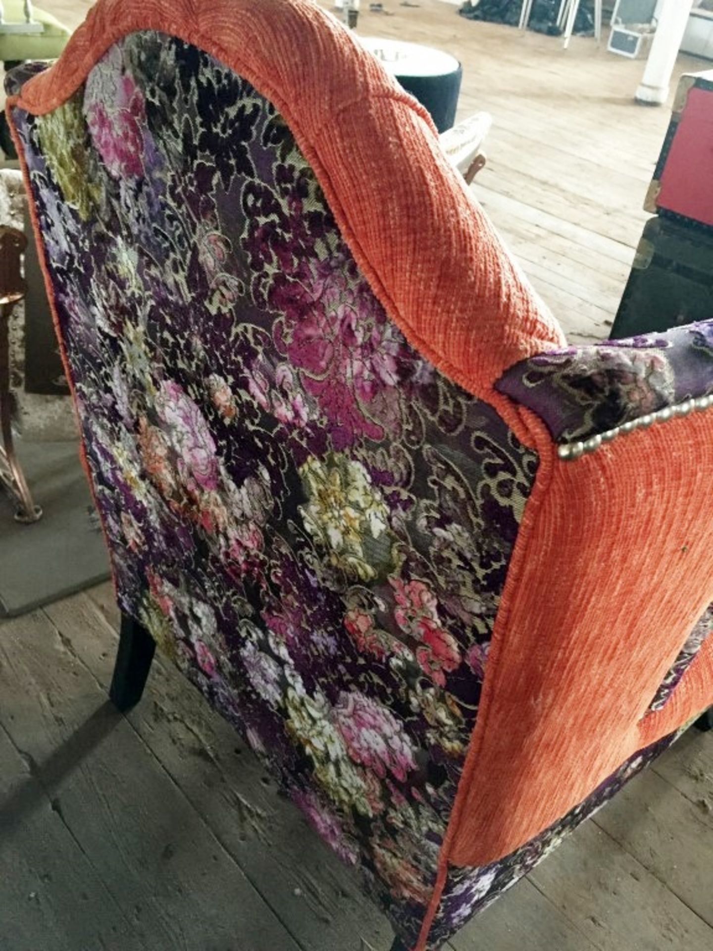 1 x Bespoke Handcrafted Wingback Chair In Upholstered In Luxury Orange & Floral Fabrics - - Image 7 of 7