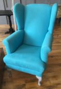 1 x Bespoke Wingback Armchair In Bright Turquoise - Dimensions: 64cm x D70cm x Height 108cm - Ref: