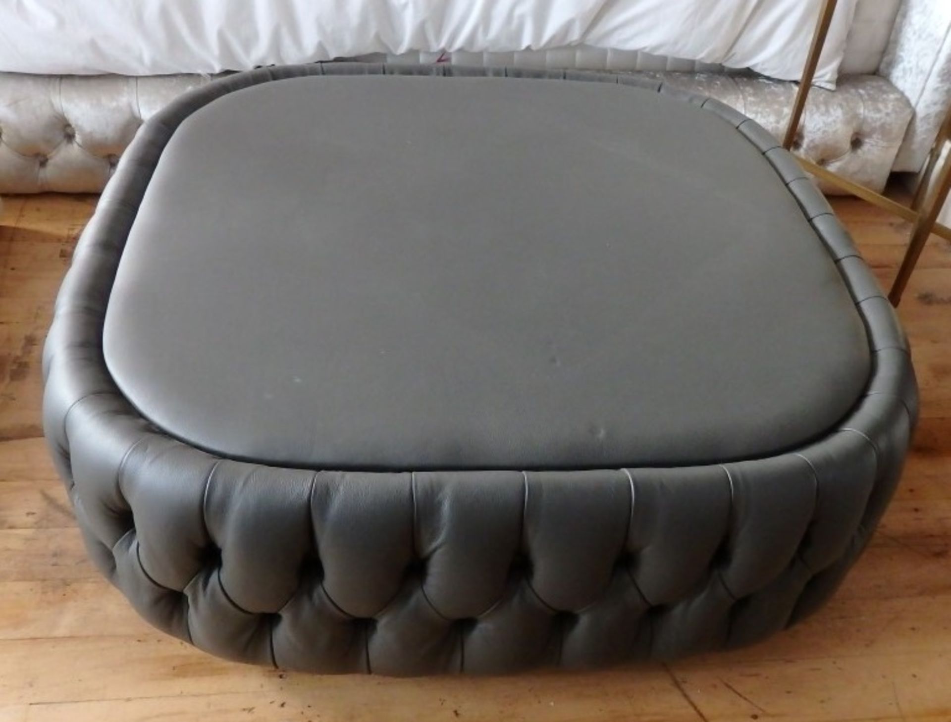 1 x Large Bespoke Handcrafted Buttoned Leather Pouffe In Grey - Expertly Built And Upholstered by
