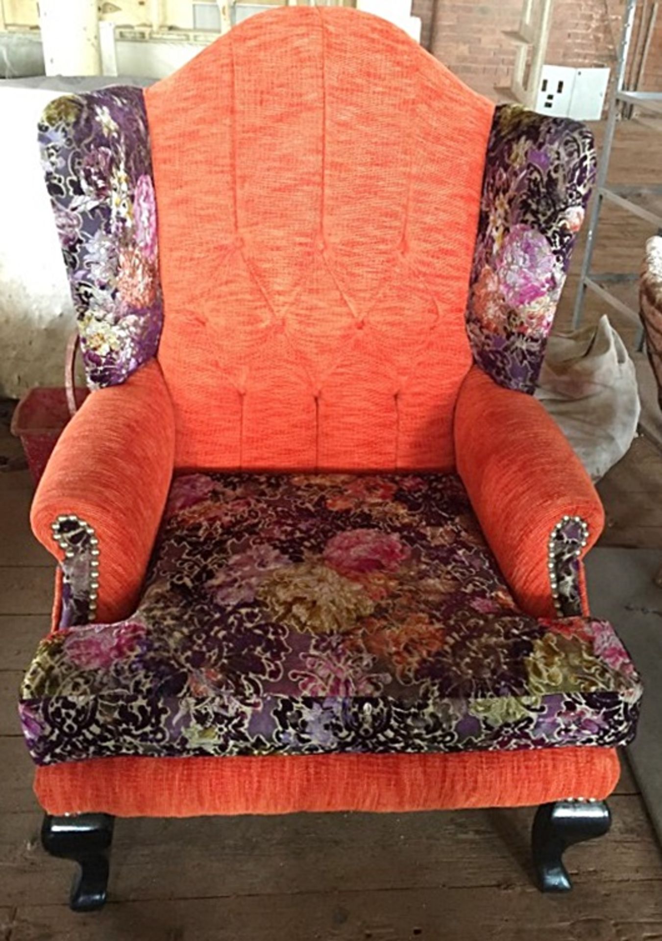 1 x Bespoke Handcrafted Wingback Chair In Upholstered In Luxury Orange & Floral Fabrics - - Image 2 of 7