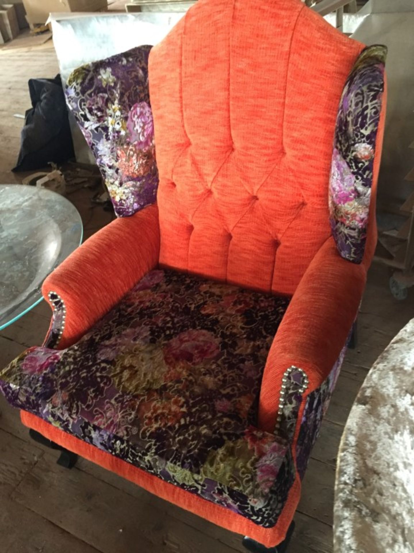 1 x Bespoke Handcrafted Wingback Chair In Upholstered In Luxury Orange & Floral Fabrics - - Image 3 of 7