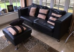 1 x Black Leather Sofa And Footstool Pouf - Dimensions: 186 x 87 x Height 70cm Seat 42cm - NO VAT