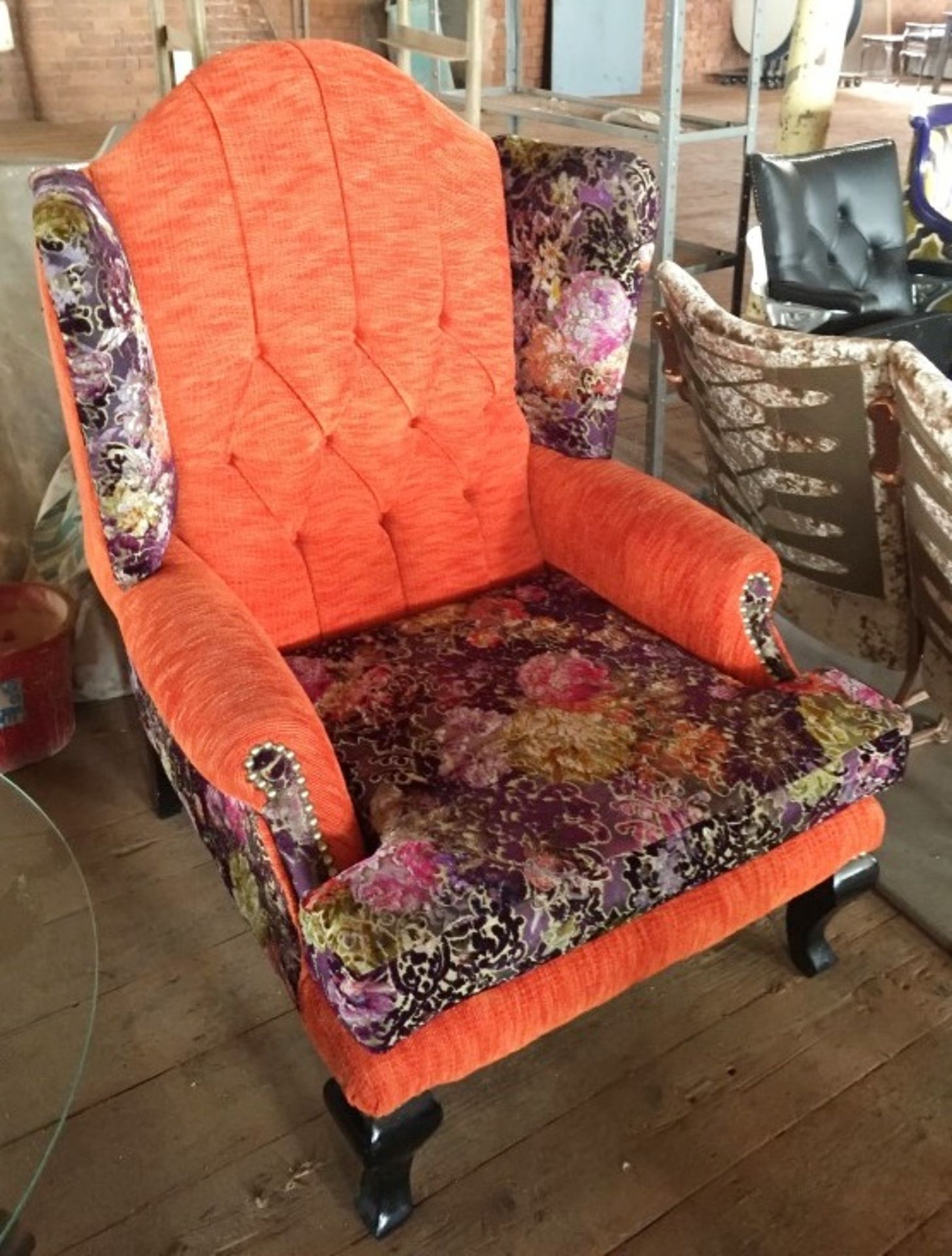 1 x Bespoke Handcrafted Wingback Chair In Upholstered In Luxury Orange & Floral Fabrics -