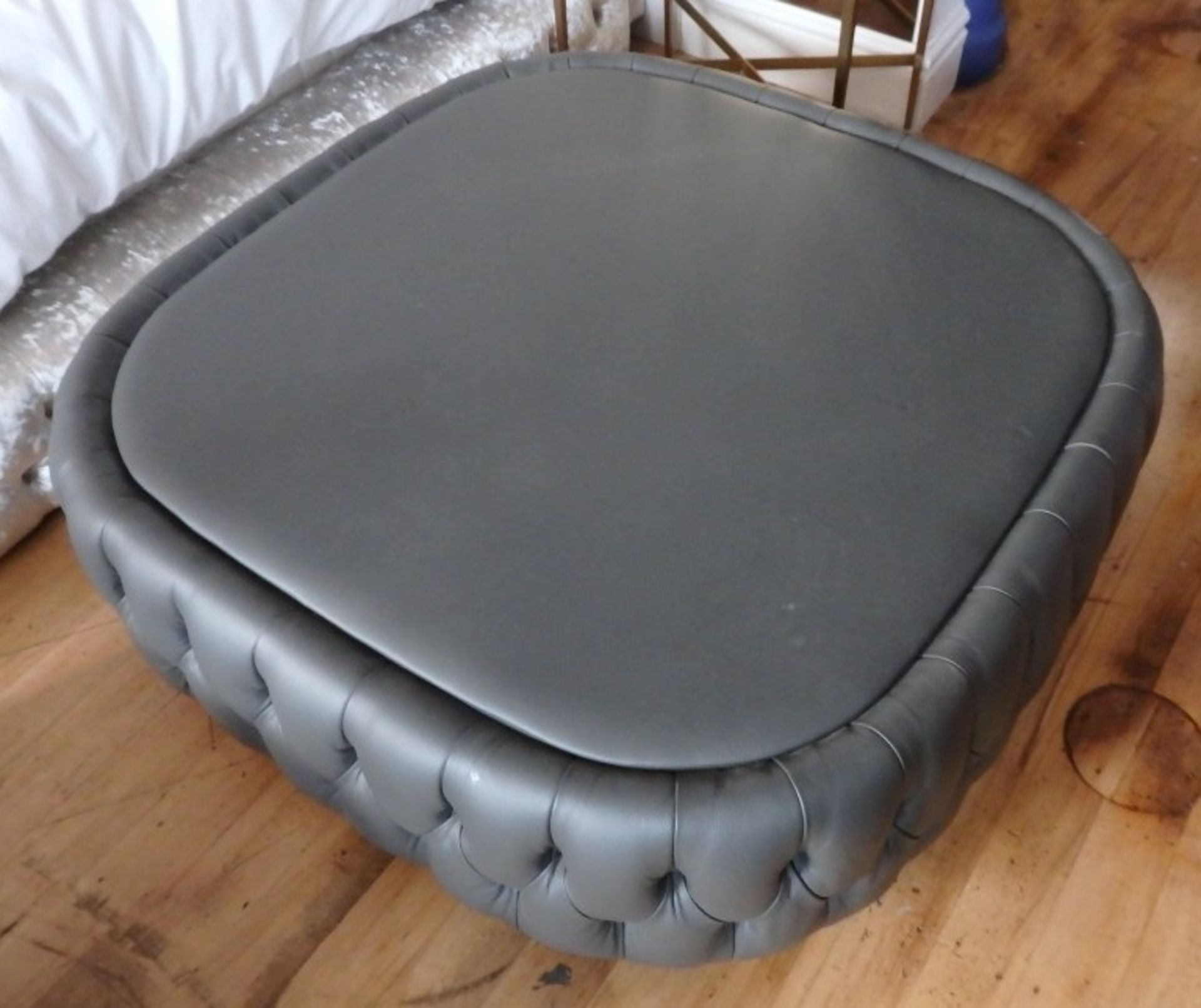 1 x Large Bespoke Handcrafted Buttoned Leather Pouffe In Grey - Expertly Built And Upholstered by - Image 2 of 5