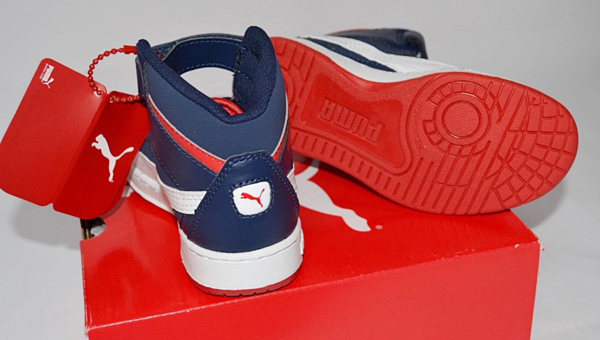 1 x Pair Of PUMA "Puma Rebound v2 Hi Kids" Trainers - Child Size: UK 12 - Colour: Red / Navy - CL155 - Image 2 of 4