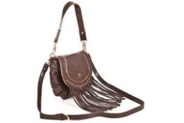 1 x Zandra Rhodes Jada Brown Tassel Fringe Satchel Handbag - Brand New Stock - PU Leather -