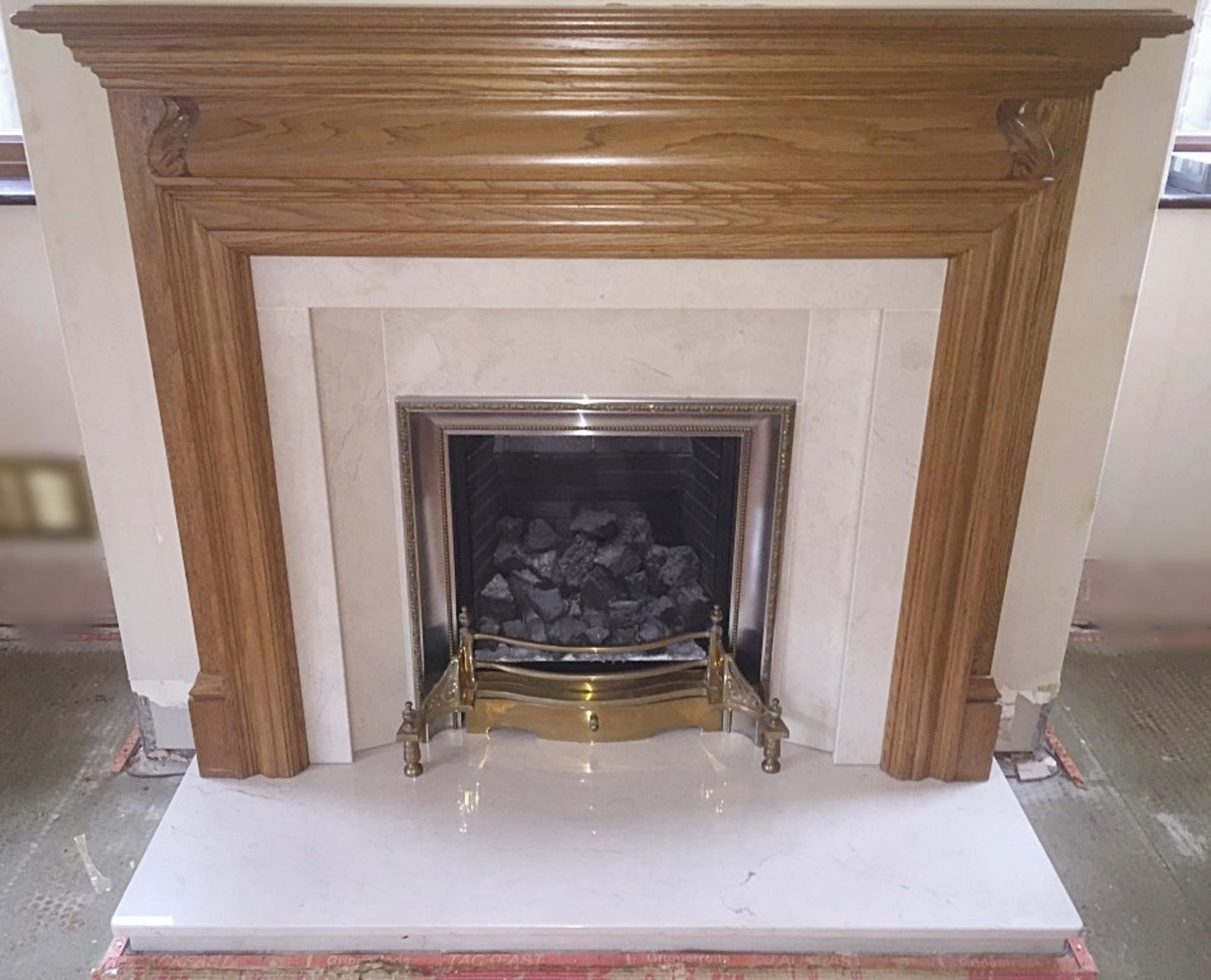 1 x Fire With Oak Surround, Marble Back Panel And Hearth - Dimensions: 137cm x Height 124cm – Hearth - Image 3 of 12