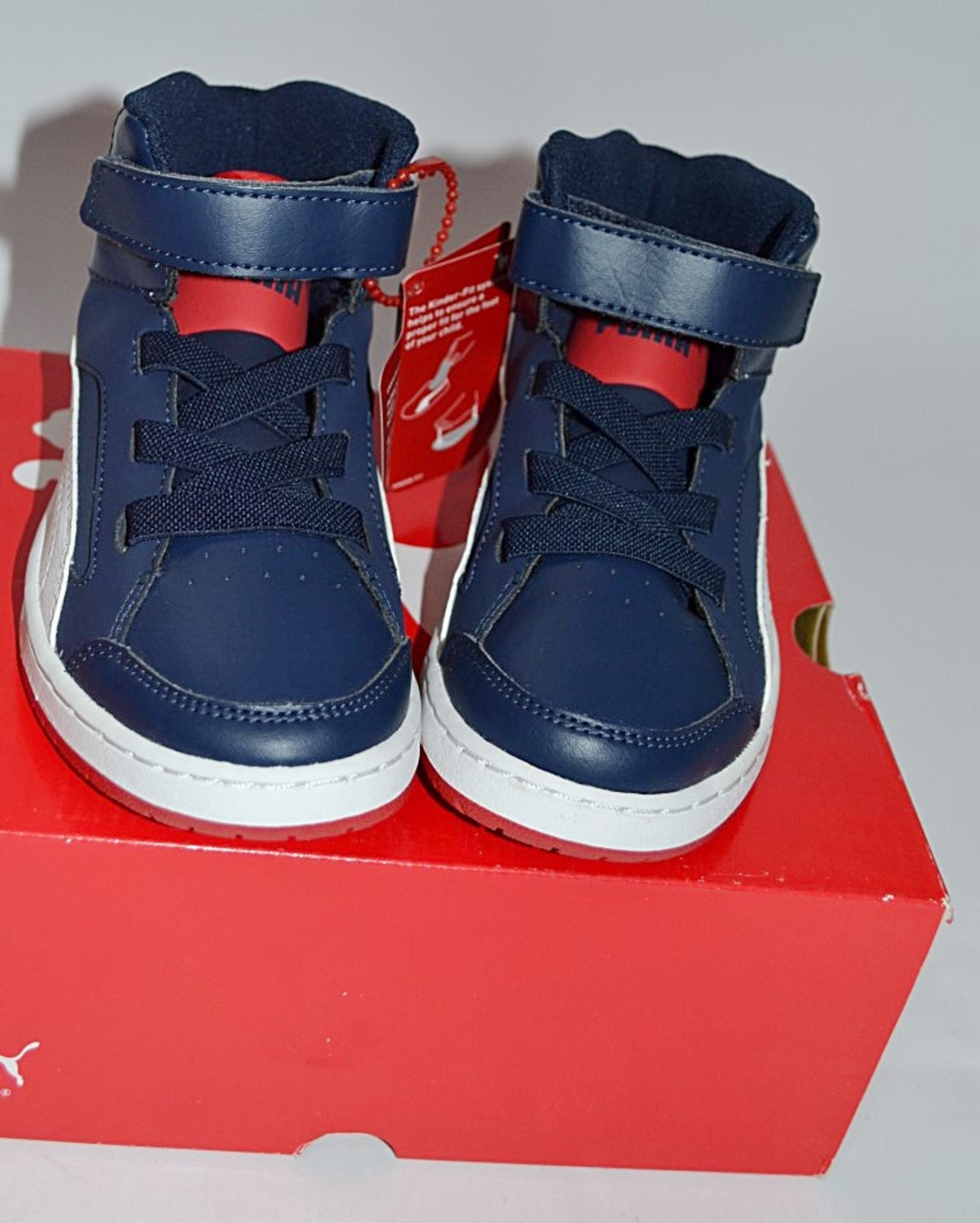 1 x Pair Of PUMA "Puma Rebound v2 Hi Kids" Trainers - Child Size: UK 12 - Colour: Red / Navy - CL155 - Image 3 of 4