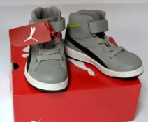 1 x Pair Of PUMA "Rebound v2 Hi Kids" Trainers - Child Size: UK 10 - Colour: Grey / Lime - CL155 -