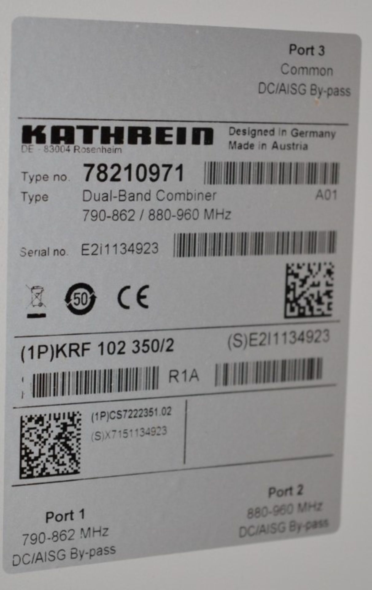 1 x Kathrein Dual Band Combiner Unit - Type 78210971 - 790-862 MHz LTE 800 / 880-960 MHz GSM 900 - U - Image 2 of 7