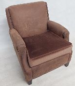 1 x Bespoke Brown Leather & Chenille Armchair - Expertly Built And Upholstered By British Craftsmen