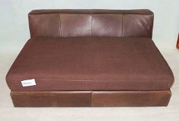 1 x Bespoke Brown Leather Sofa With Large Fabric Covered Seat Cushion - Dimensions: W130 x D92 x H62