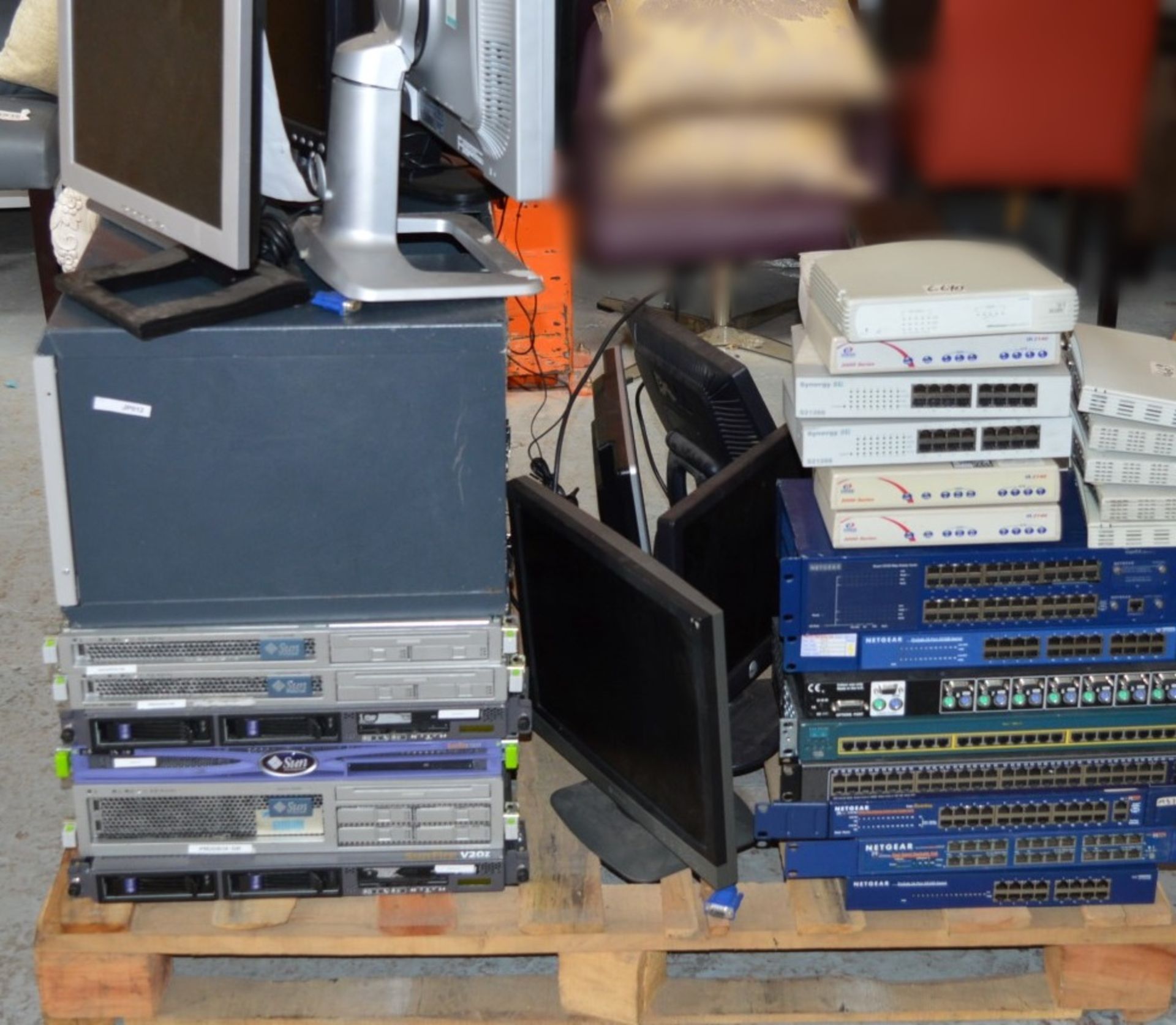 Assorted Pallet of IT Server and Monitor Equipment - Includes 6 x Various Sun Servers, 7 x Netgear
