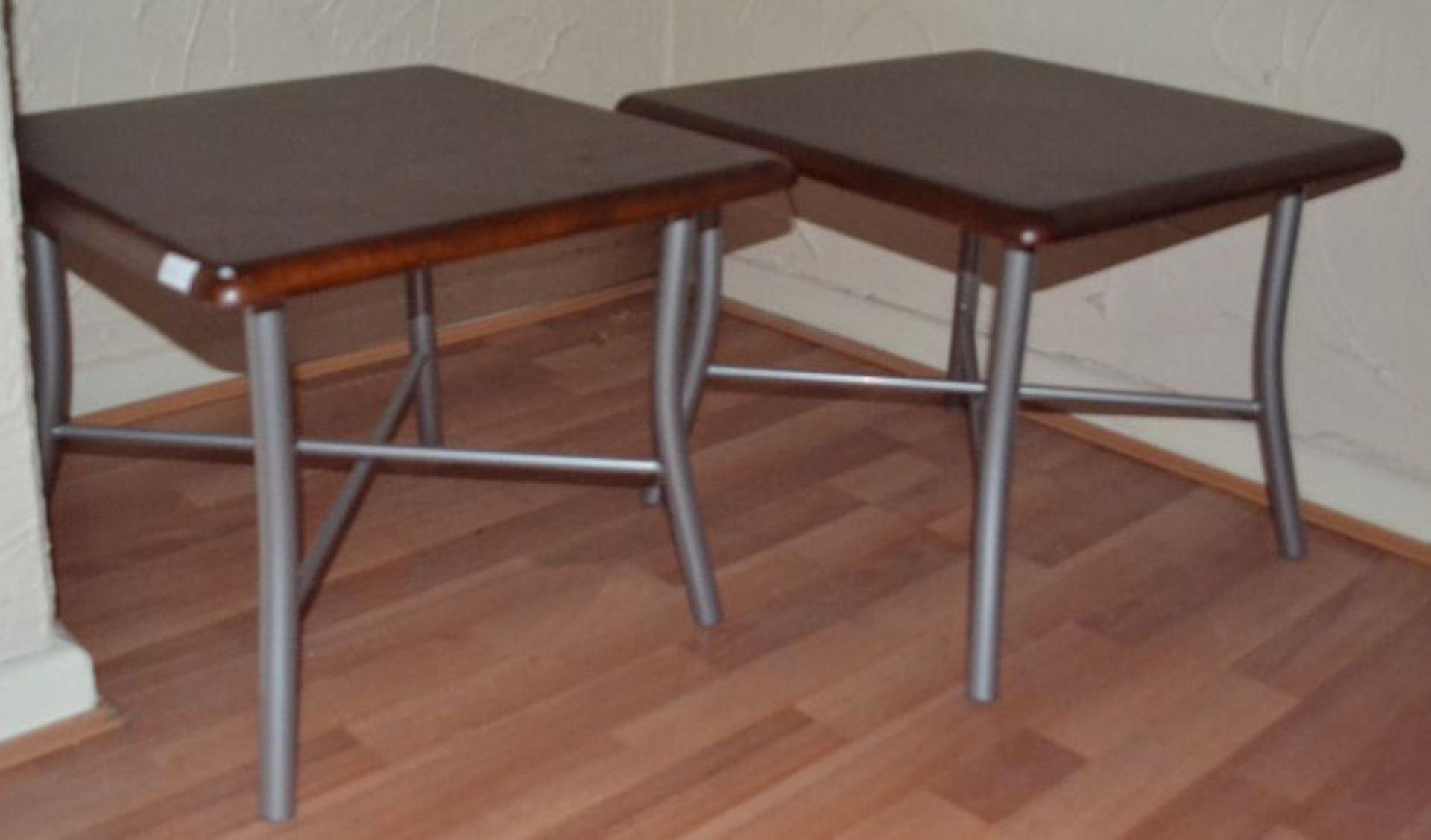 2 Small Square Dark Wood Occasional Tables with Silver Legs
