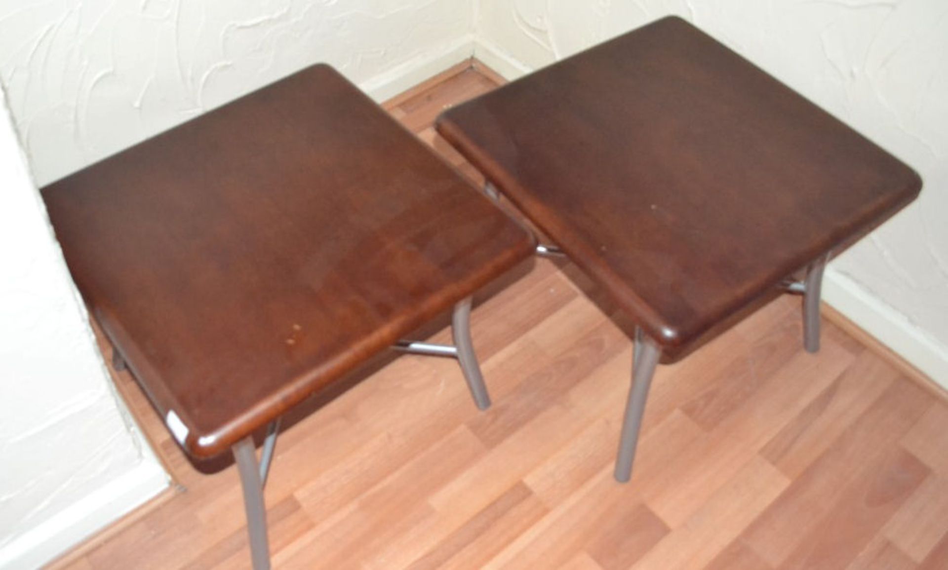 2 Small Square Dark Wood Occasional Tables with Silver Legs - Image 2 of 3