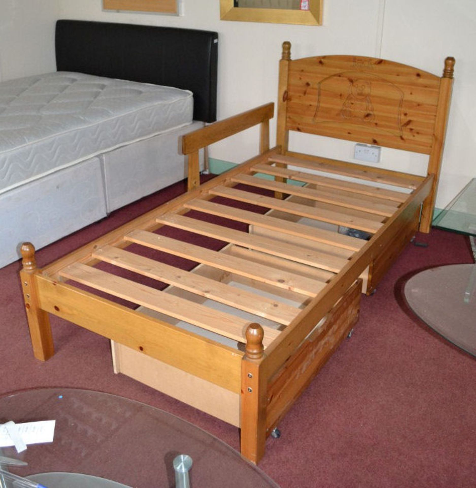 1 x Childs Pine Bed with Teddy Bear Logo And Name Jack On Headboard