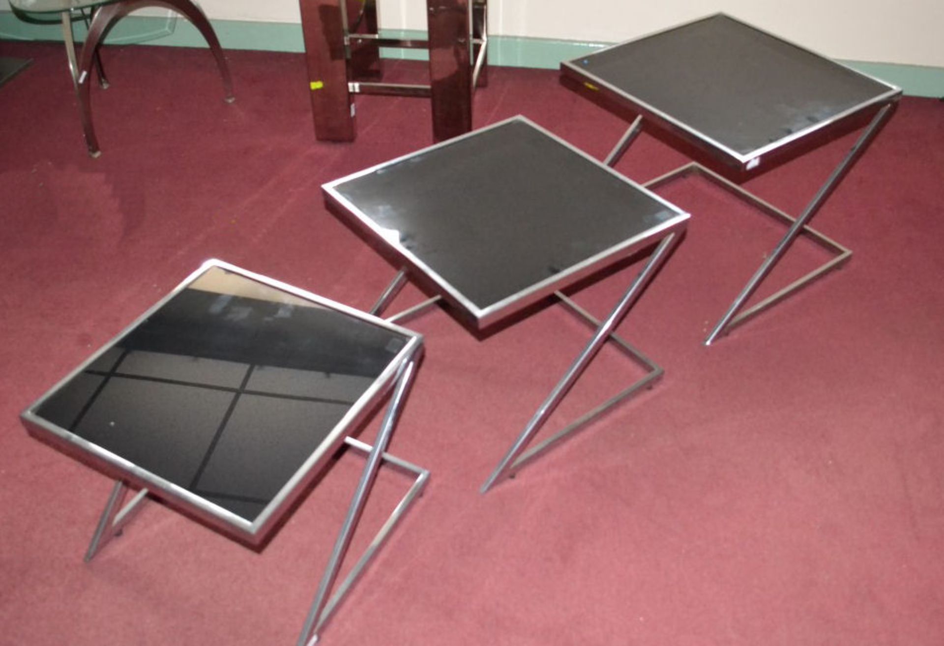 1 x Set Of 3 Z-Shape Nesting Side Tables with Black Glass Tops - Image 3 of 3