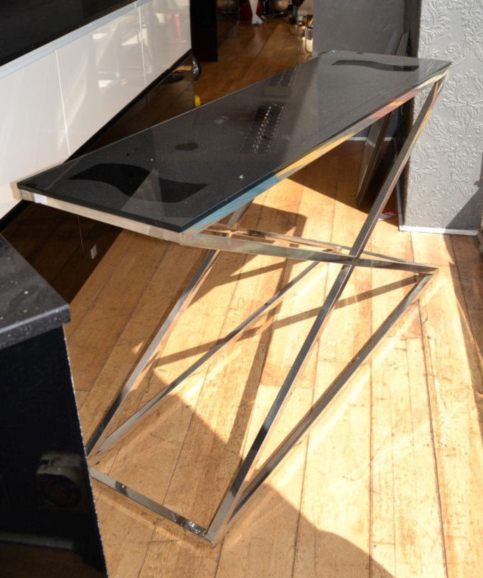1 x Black Glass Topped Table With Silver Legs. 130X40.5cm. 74.5cm Tall. - CL108 - Image 3 of 3